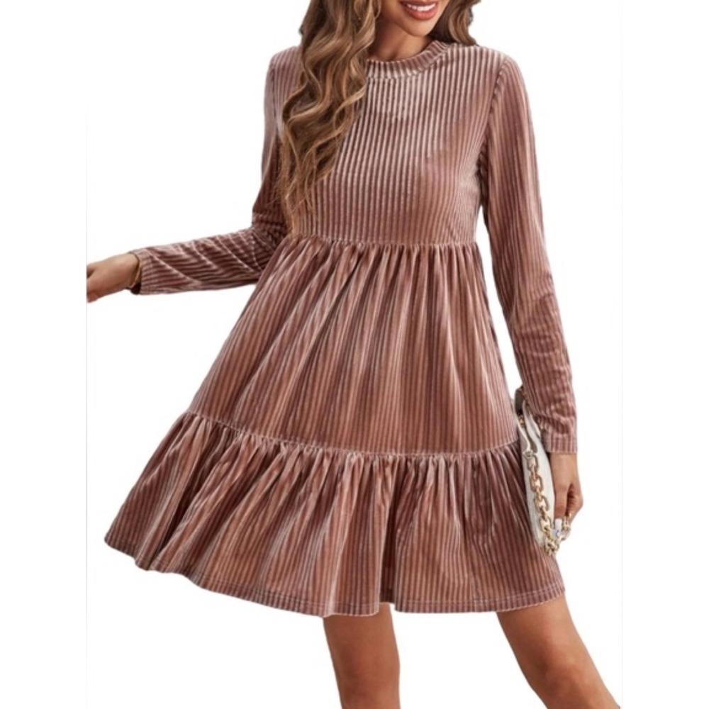 Emery Rose Pink Velvet Ribbed Tiered Babydoll Dress Long Sleeve L‎ Cottagecore